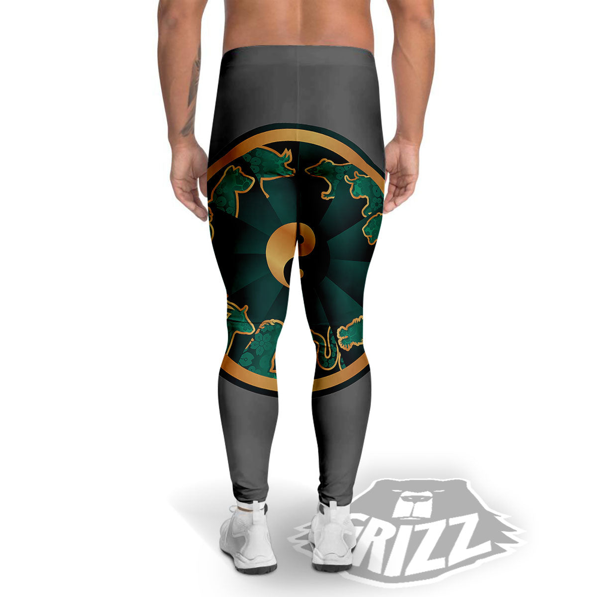 Chinese Zodiac Gold And Green Print Men's Leggings-grizzshop