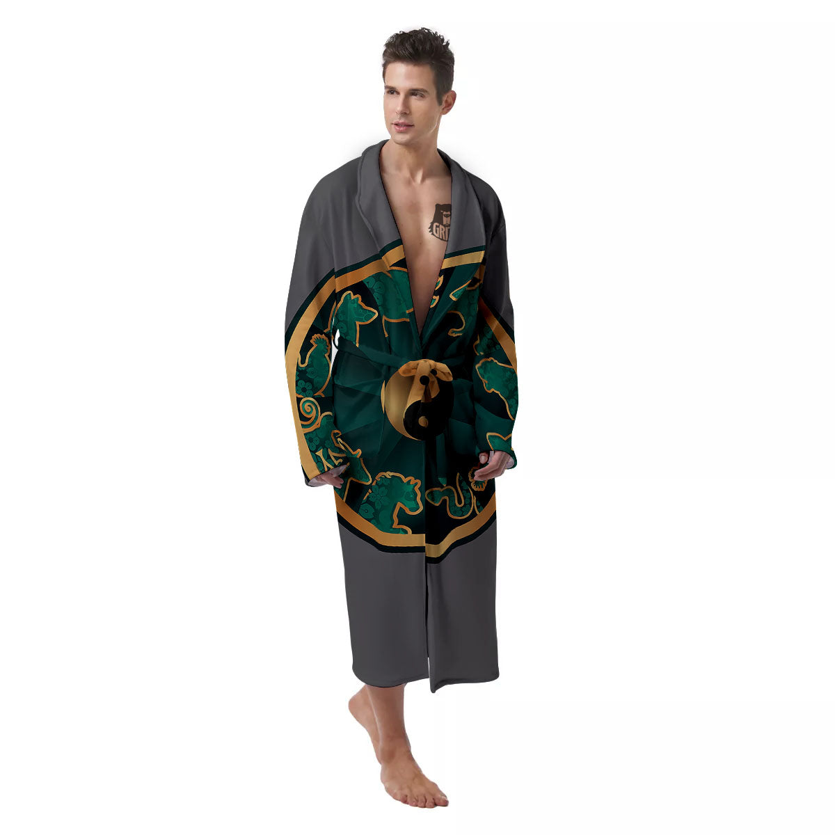 Chinese Zodiac Gold And Green Print Men's Robe-grizzshop