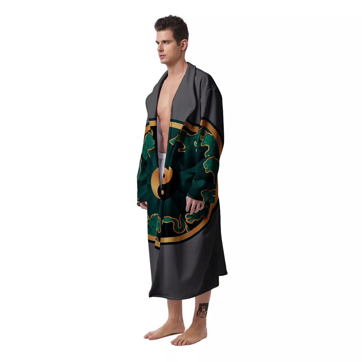 Chinese Zodiac Gold And Green Print Men's Robe-grizzshop