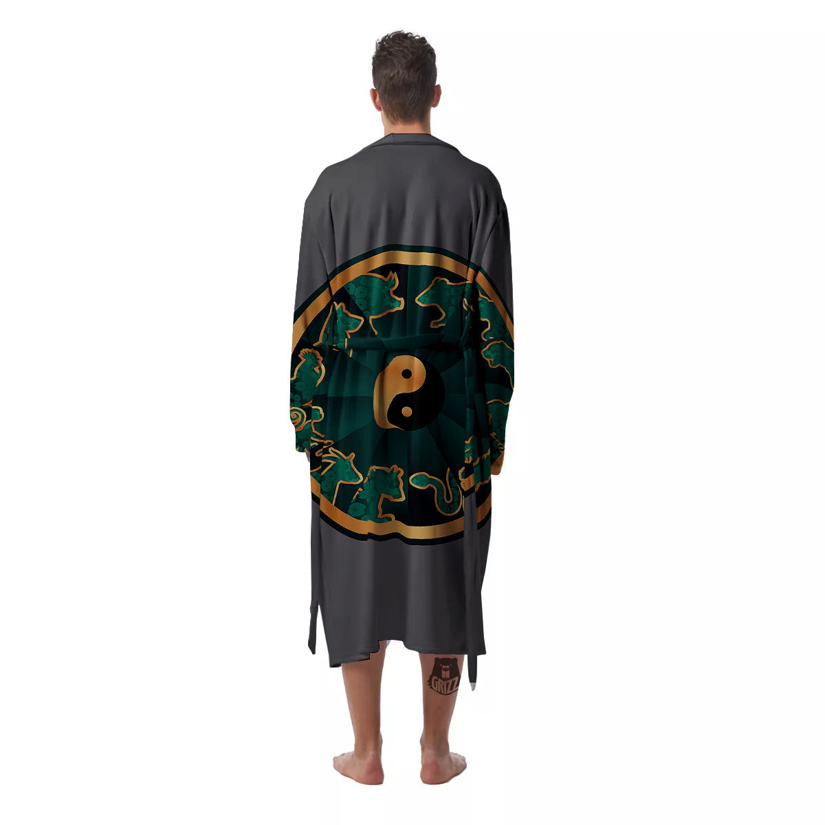 Chinese Zodiac Gold And Green Print Men's Robe-grizzshop