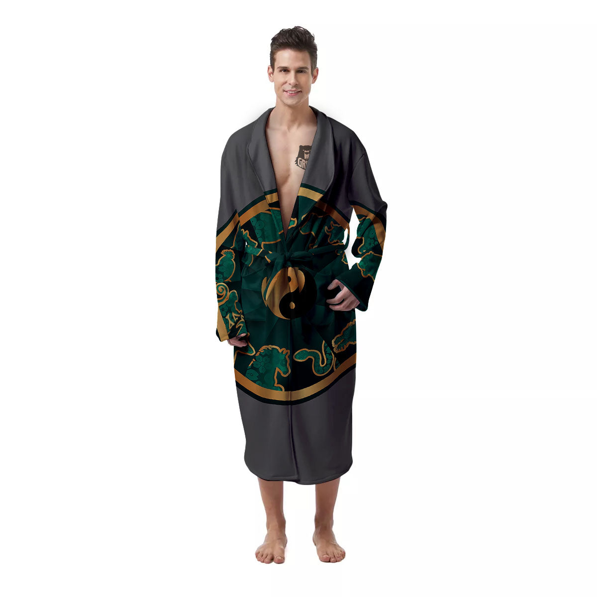 Chinese Zodiac Gold And Green Print Men's Robe-grizzshop