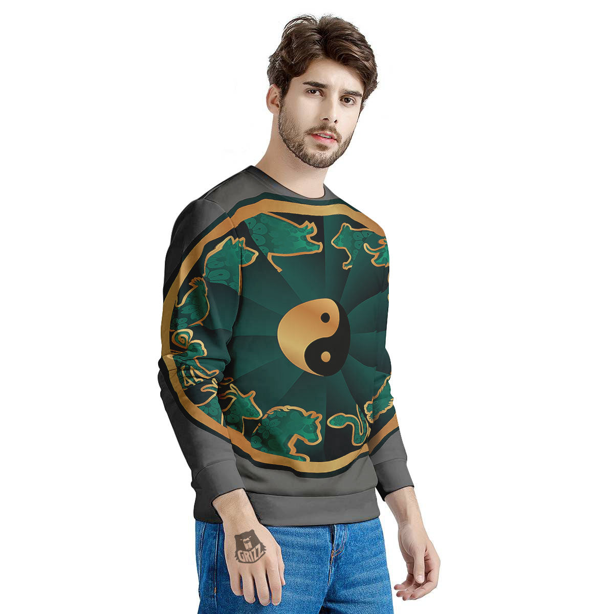 Chinese Zodiac Gold And Green Print Men's Sweatshirt-grizzshop