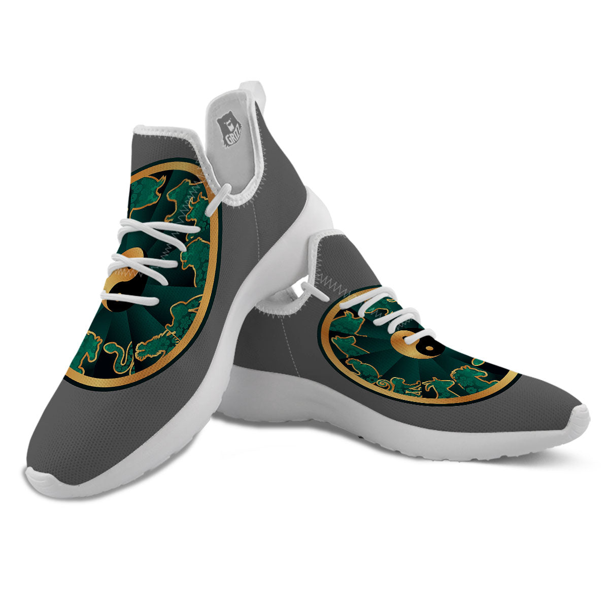 Chinese Zodiac Gold And Green Print White Athletic Shoes-grizzshop