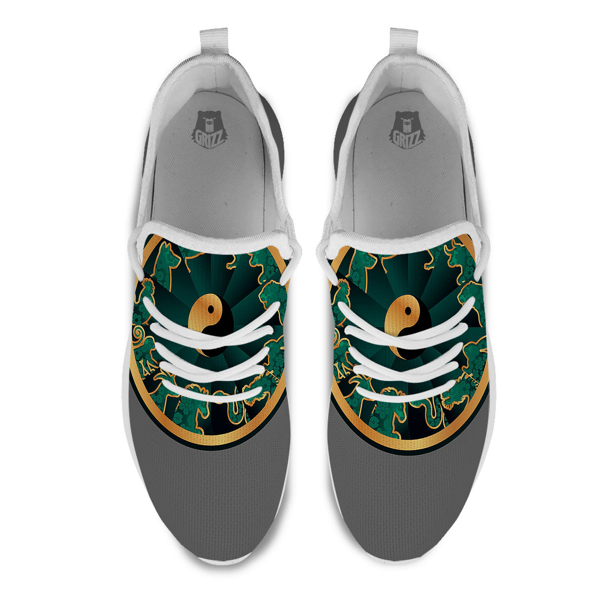 Chinese Zodiac Gold And Green Print White Athletic Shoes-grizzshop