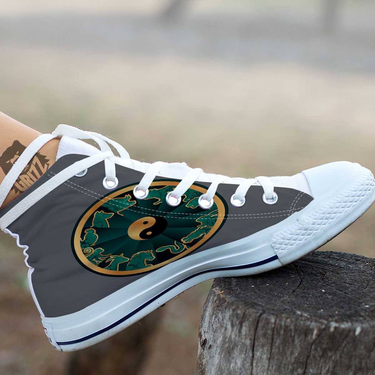 Chinese Zodiac Gold And Green Print White High Top Shoes-grizzshop