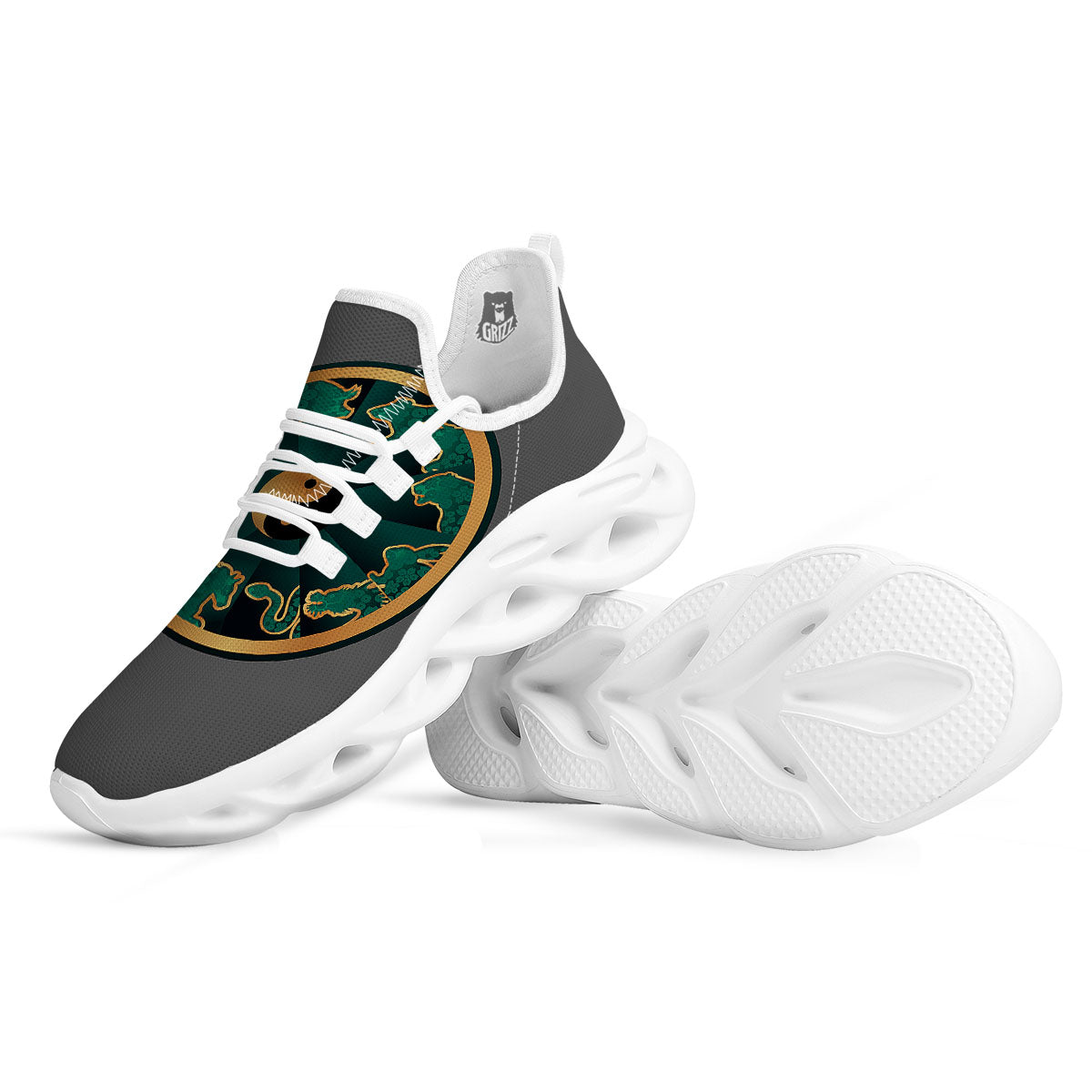 Chinese Zodiac Gold And Green Print White Running Shoes-grizzshop