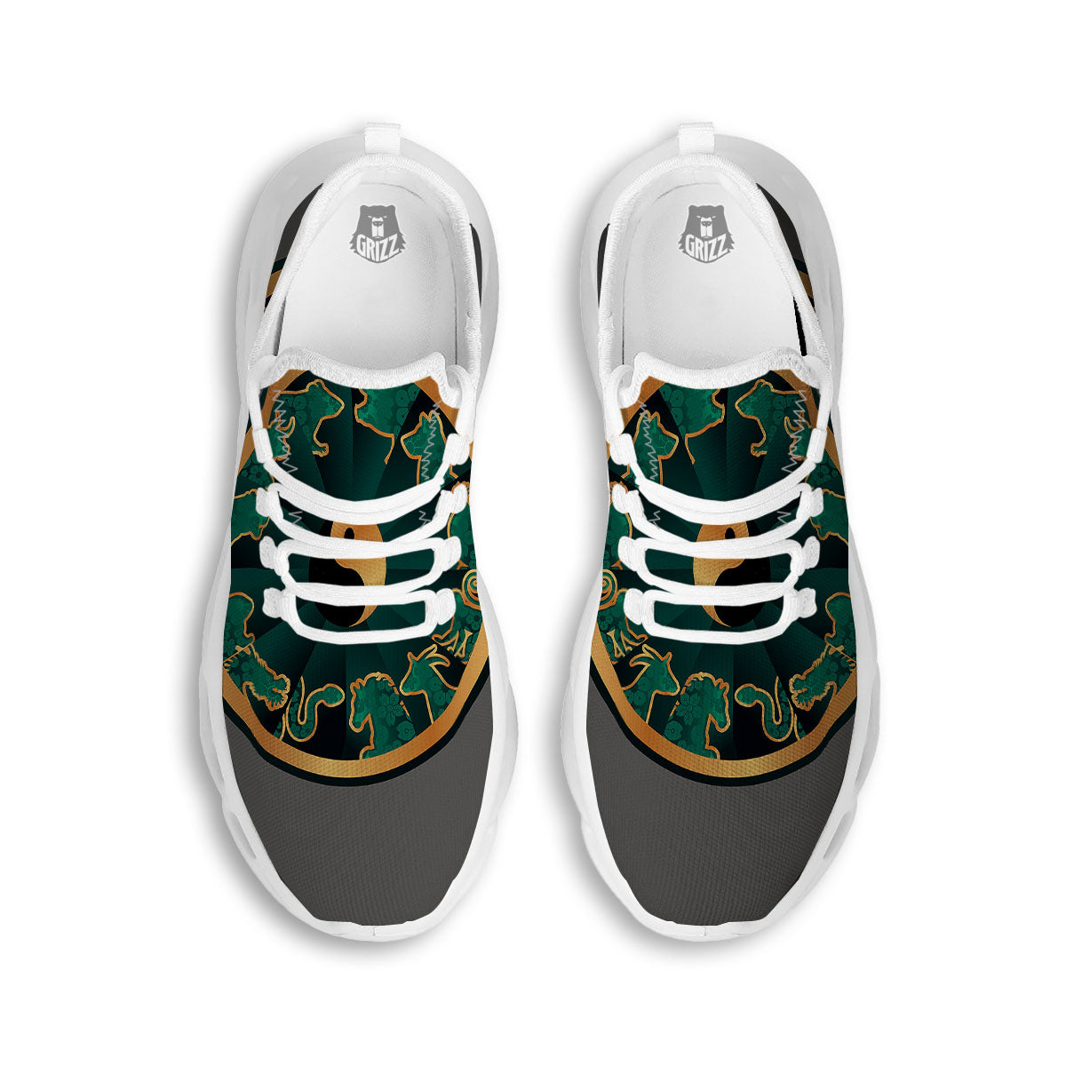Chinese Zodiac Gold And Green Print White Running Shoes-grizzshop