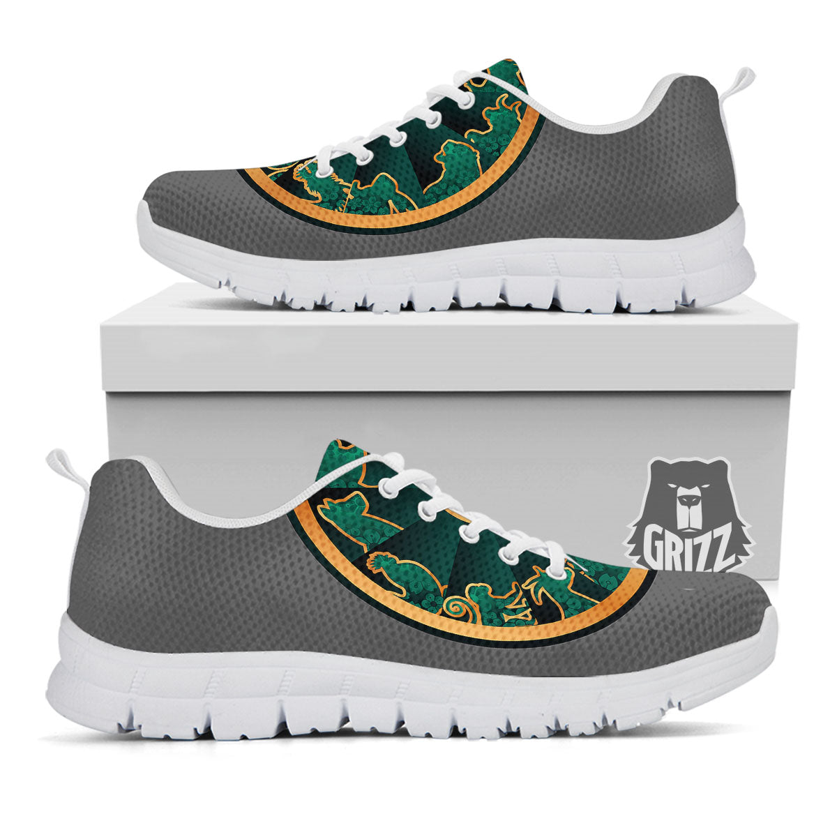 Chinese Zodiac Gold And Green Print White Sneaker-grizzshop