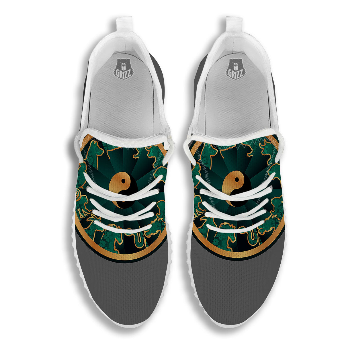 Chinese Zodiac Gold And Green Print White Walking Shoes-grizzshop