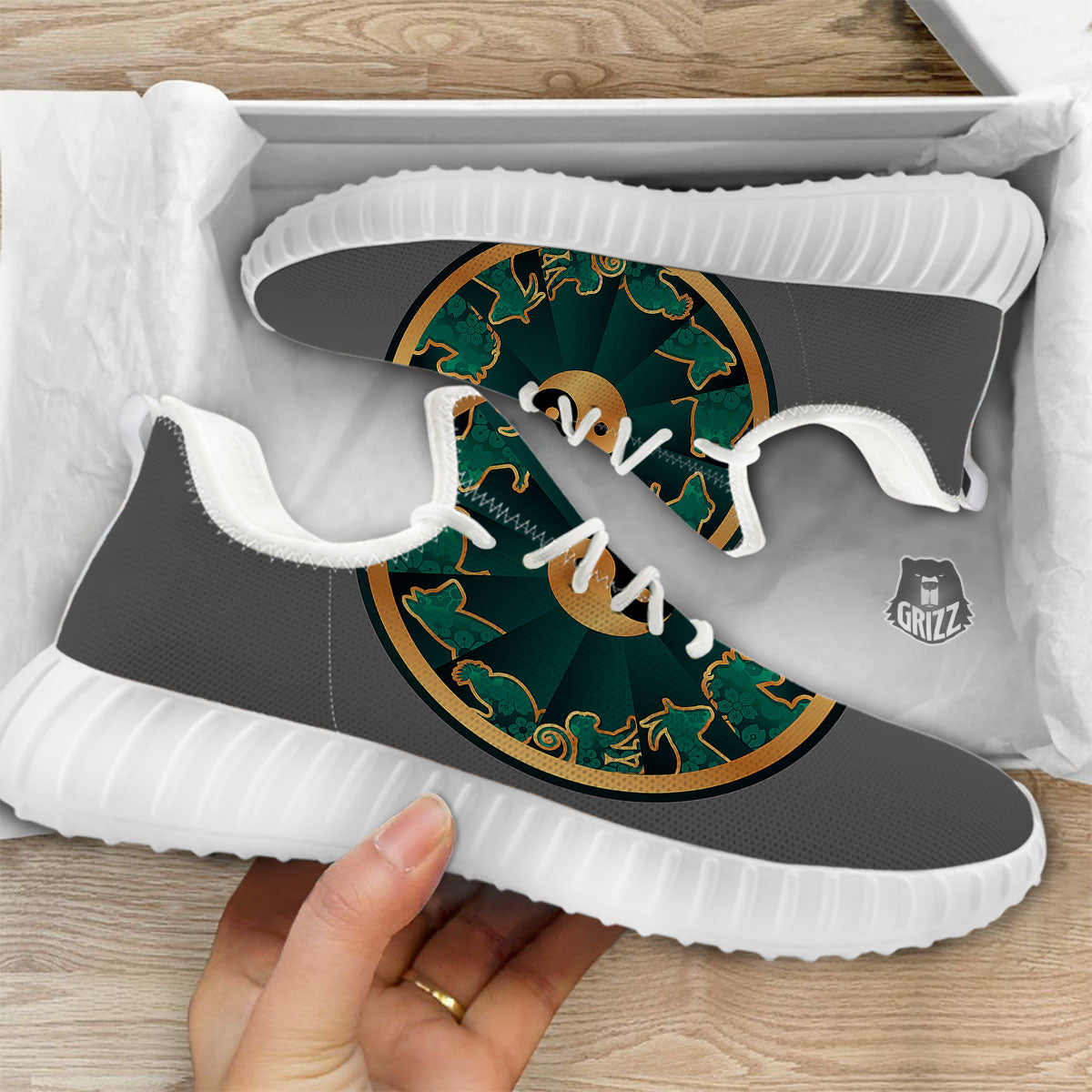 Chinese Zodiac Gold And Green Print White Walking Shoes-grizzshop