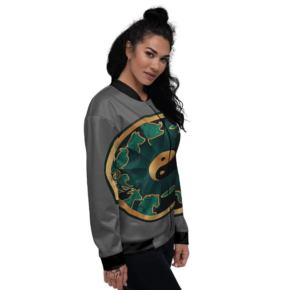 Chinese Zodiac Gold And Green Print Women's Bomber Jacket-grizzshop
