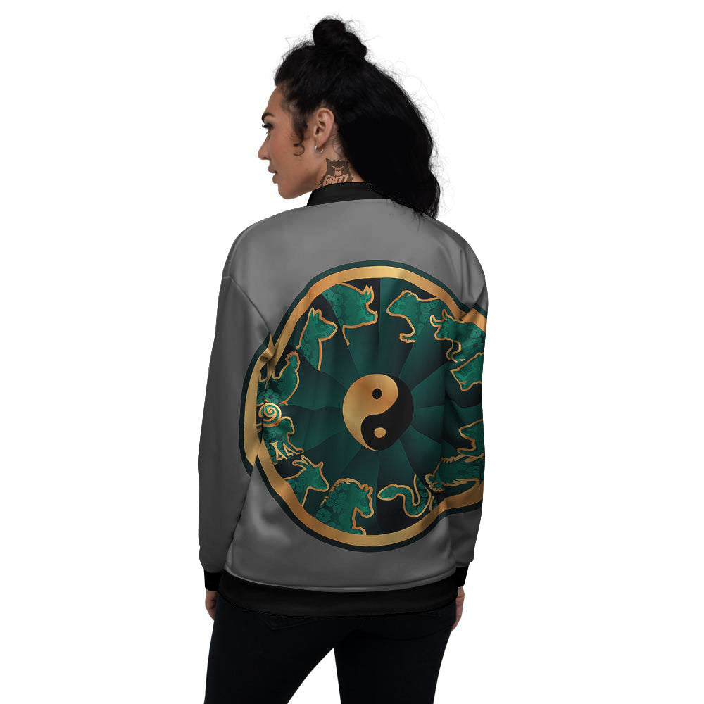 Chinese Zodiac Gold And Green Print Women's Bomber Jacket-grizzshop