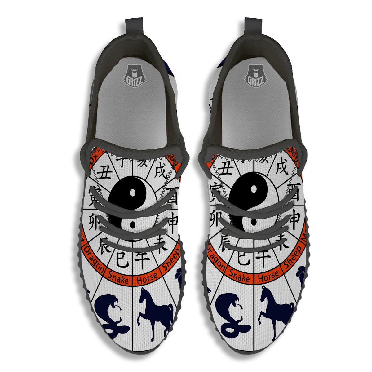 Chinese Zodiac Signs Yin Yang Print Black Walking Shoes-grizzshop