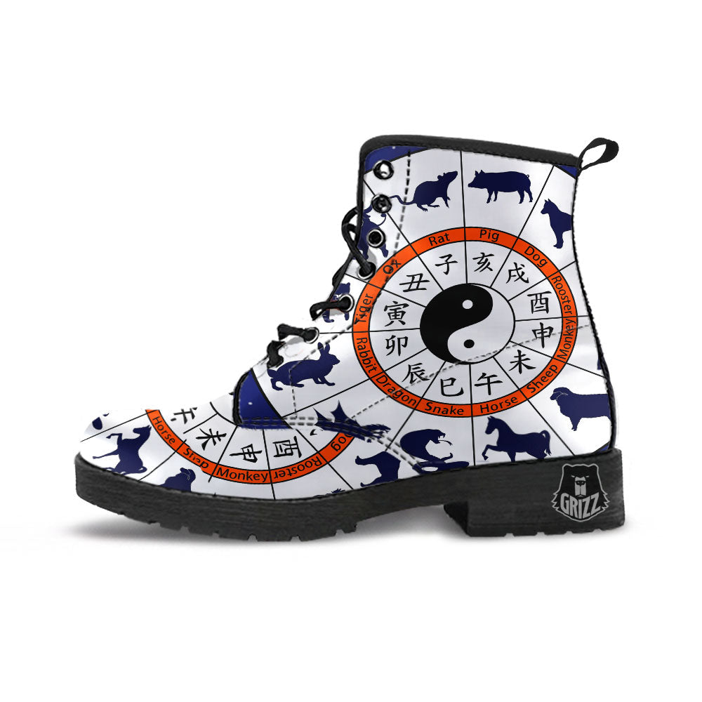 Chinese Zodiac Signs Yin Yang Print Leather Boots-grizzshop