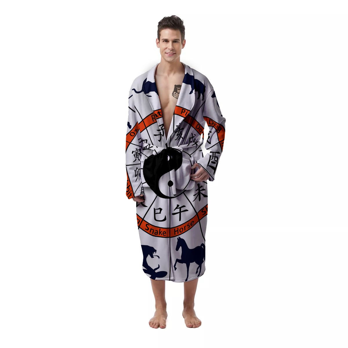Chinese Zodiac Signs Yin Yang Print Men's Robe-grizzshop
