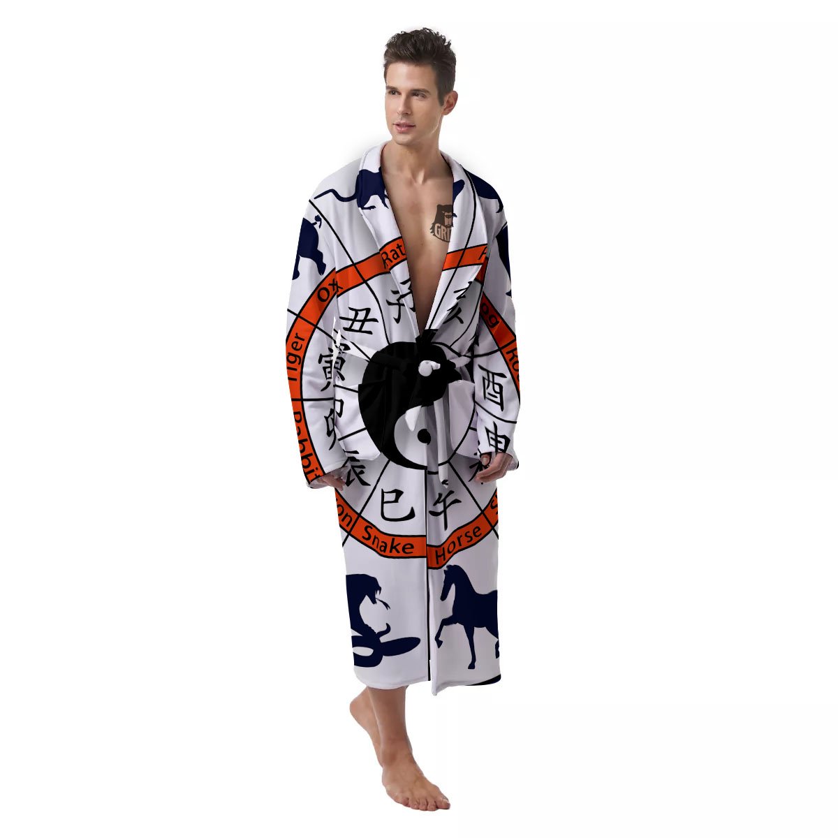Chinese Zodiac Signs Yin Yang Print Men's Robe-grizzshop