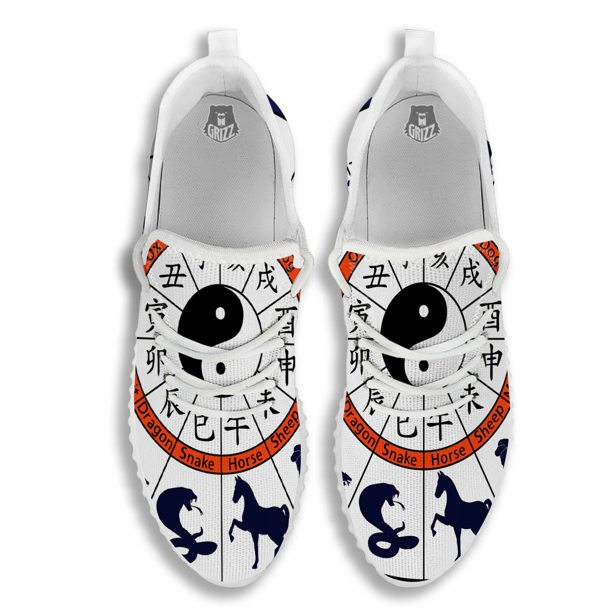 Chinese Zodiac Signs Yin Yang Print White Walking Shoes-grizzshop