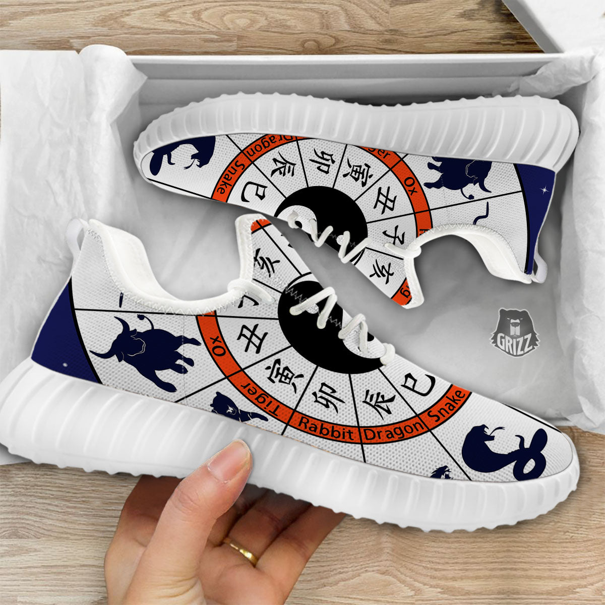 Chinese Zodiac Signs Yin Yang Print White Walking Shoes-grizzshop