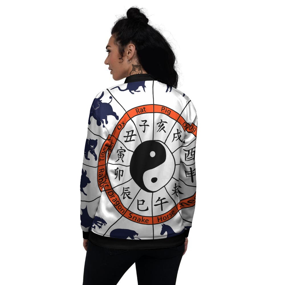 Chinese Zodiac Signs Yin Yang Print Women's Bomber Jacket-grizzshop