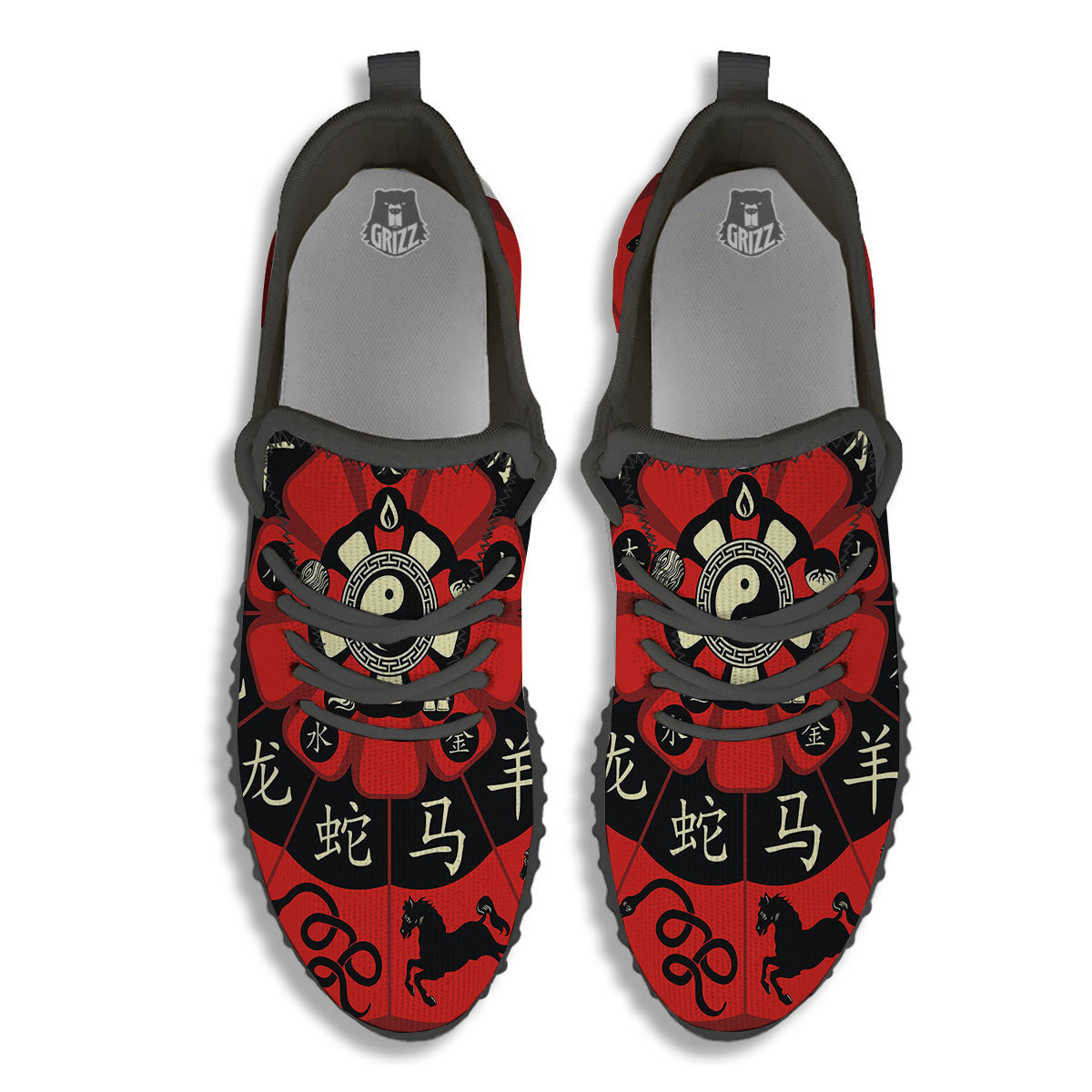 Chinese Zodiac Wheel Yin Yang Print Black Walking Shoes-grizzshop