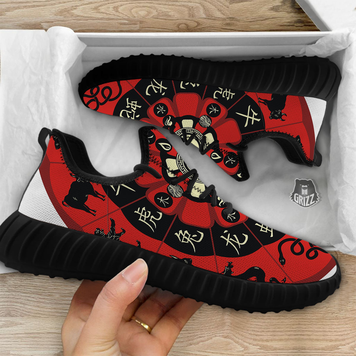Chinese Zodiac Wheel Yin Yang Print Black Walking Shoes-grizzshop