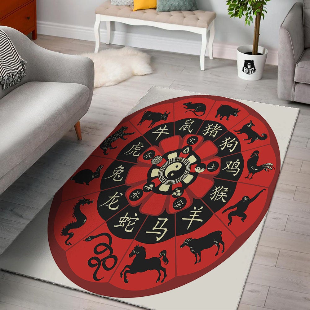 Chinese Zodiac Wheel Yin Yang Print Floor Mat-grizzshop
