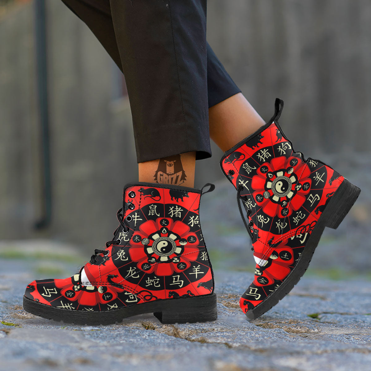 Chinese Zodiac Wheel Yin Yang Print Leather Boots-grizzshop