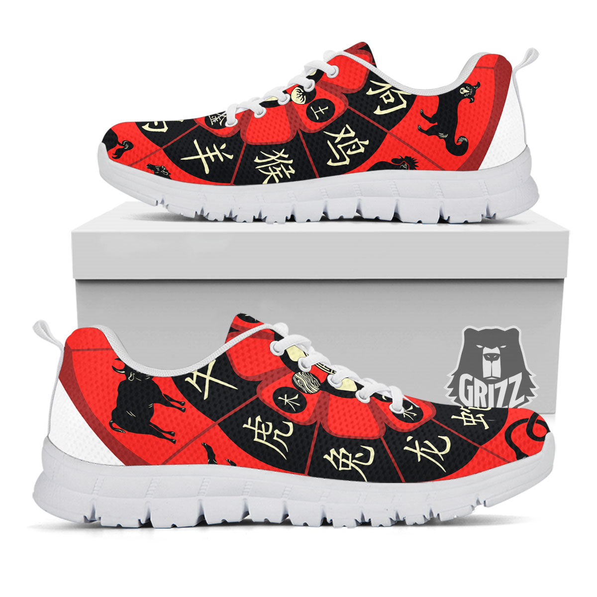 Chinese Zodiac Wheel Yin Yang Print White Sneaker-grizzshop