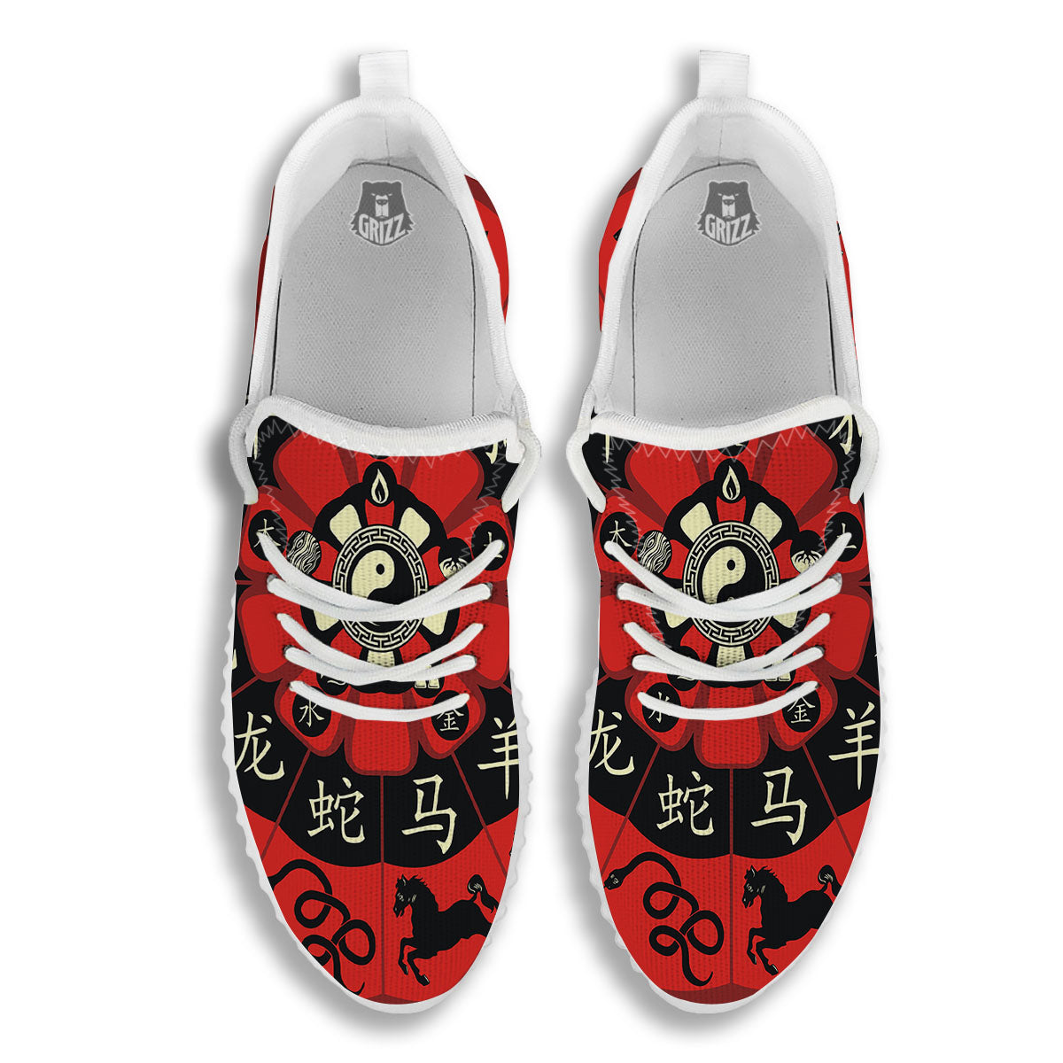 Chinese Zodiac Wheel Yin Yang Print White Walking Shoes-grizzshop
