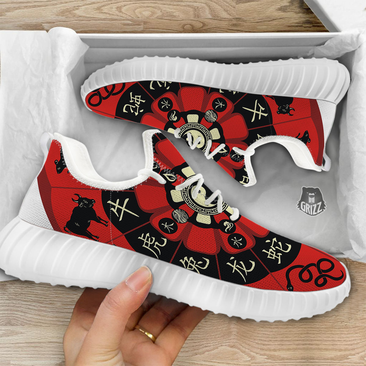 Chinese Zodiac Wheel Yin Yang Print White Walking Shoes-grizzshop