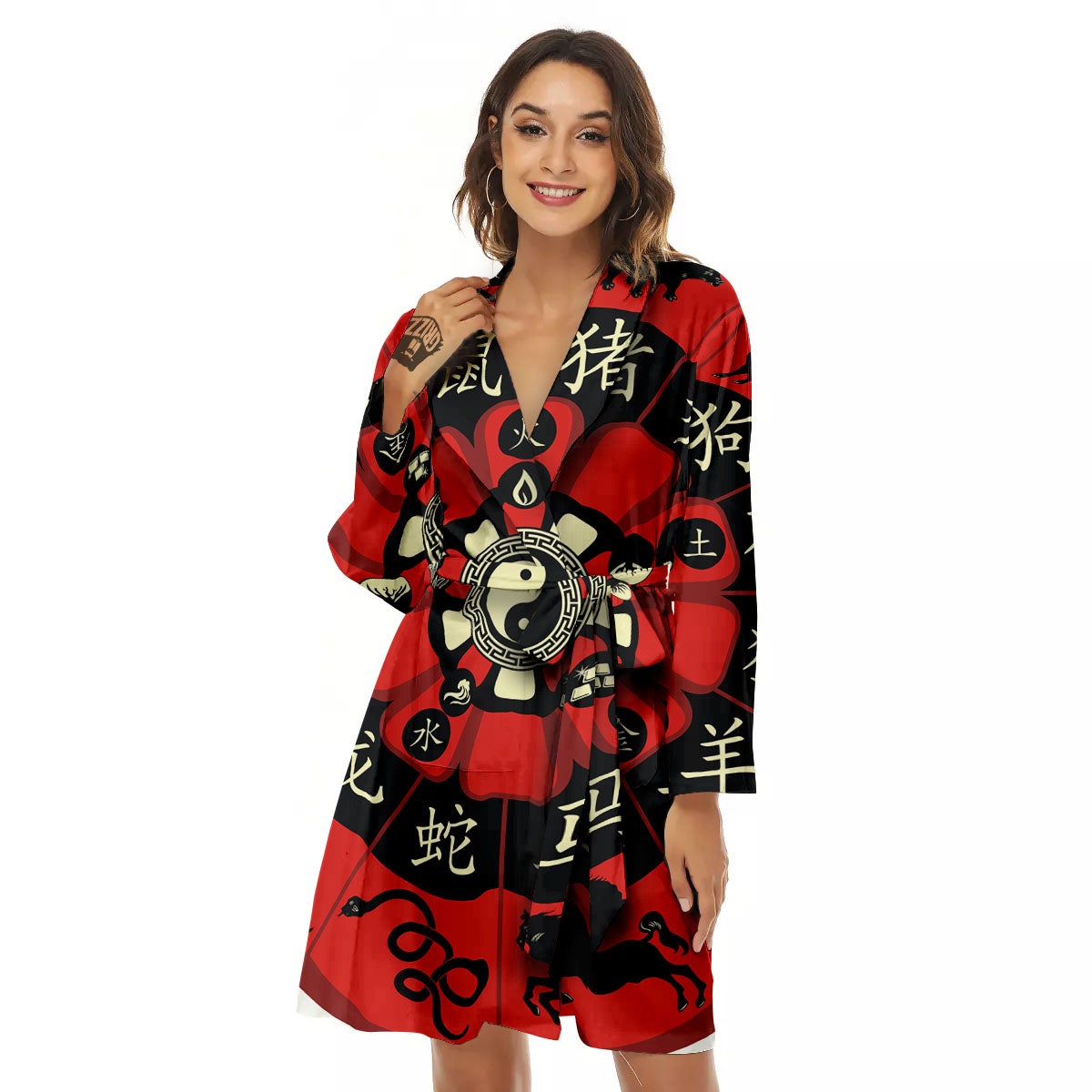 Chinese Zodiac Wheel Yin Yang Print Women's Robe-grizzshop