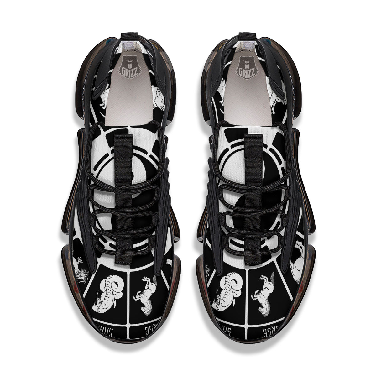 Chinese Zodiac White And Black Print Black Gym Shoes-grizzshop
