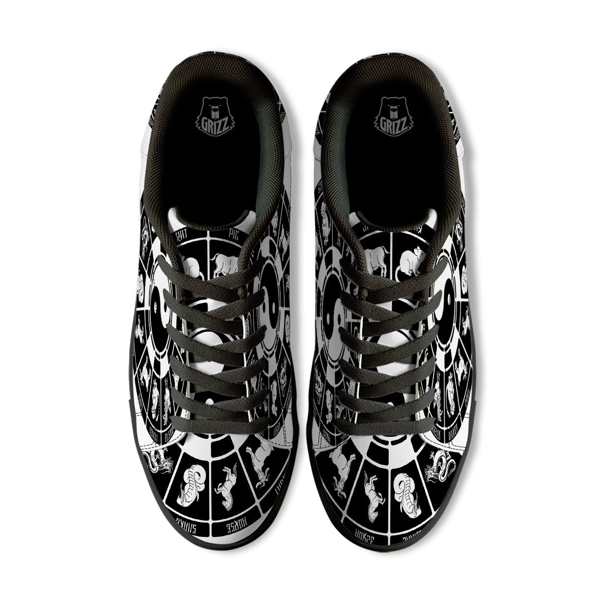 Chinese Zodiac White And Black Print Black Low Top Sneakers-grizzshop