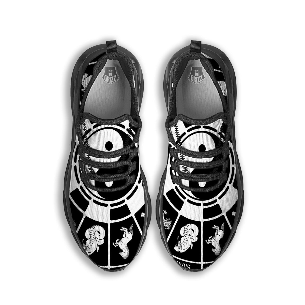 Chinese Zodiac White And Black Print Black Running Shoes-grizzshop