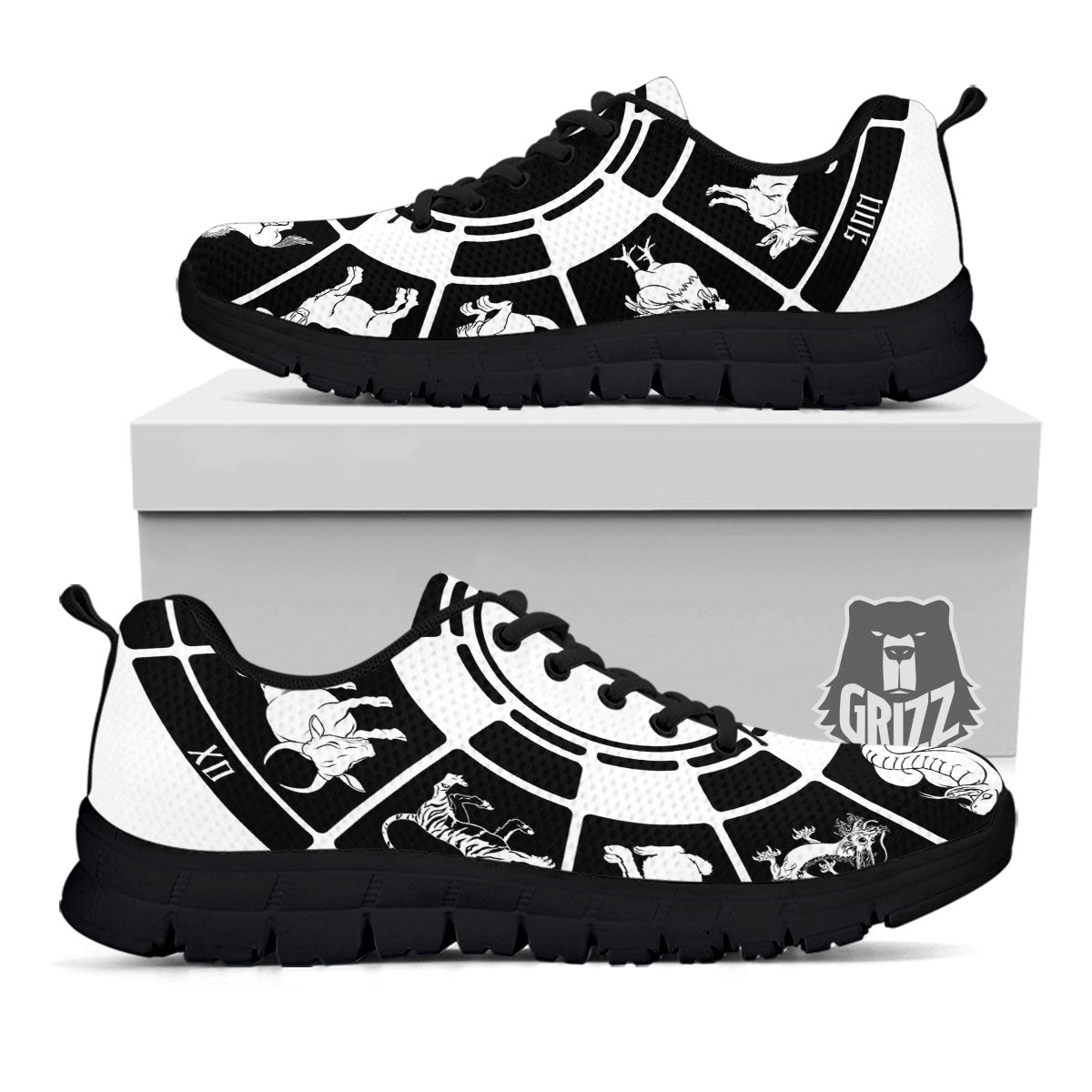 Chinese Zodiac White And Black Print Black Sneaker-grizzshop