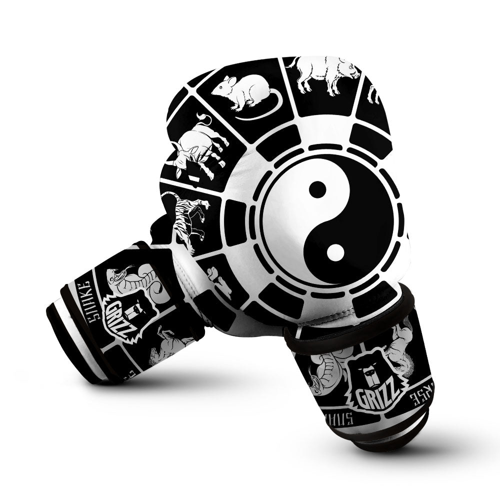 Chinese Zodiac White And Black Print Boxing Gloves-grizzshop