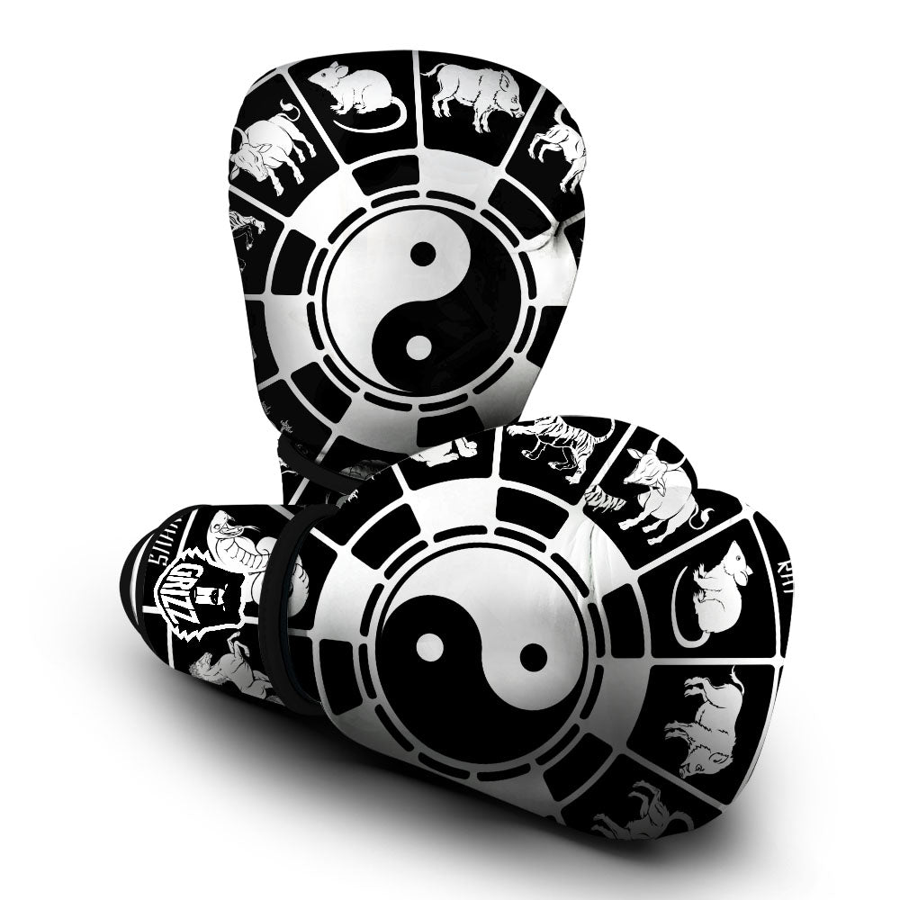 Chinese Zodiac White And Black Print Boxing Gloves-grizzshop