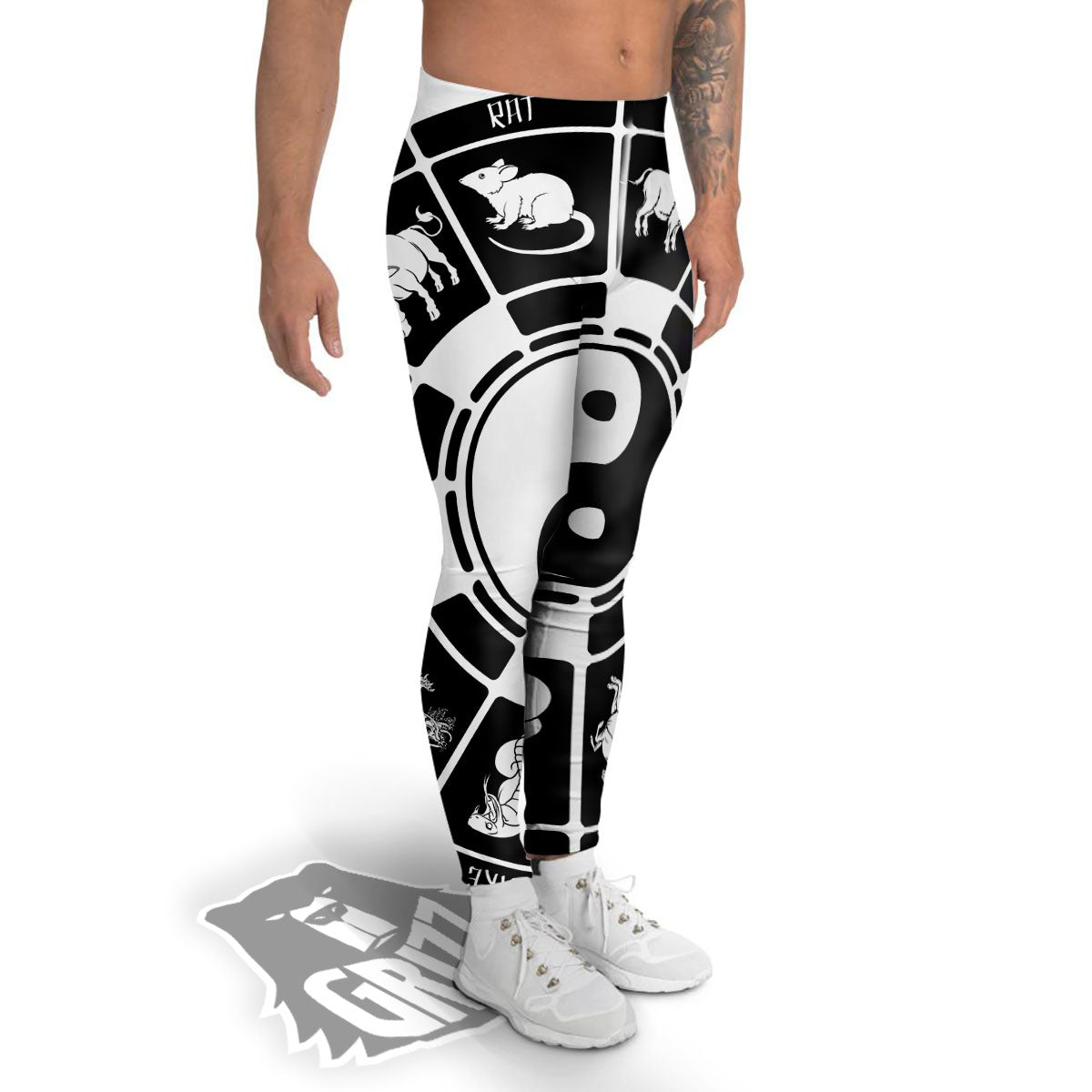 Chinese Zodiac White And Black Print Men's Leggings-grizzshop