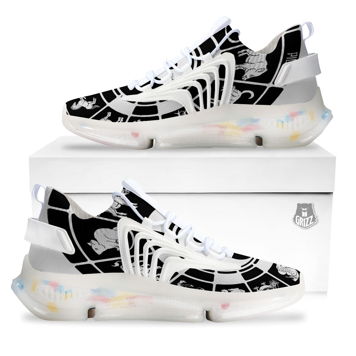 Chinese Zodiac White And Black Print White Gym Shoes-grizzshop