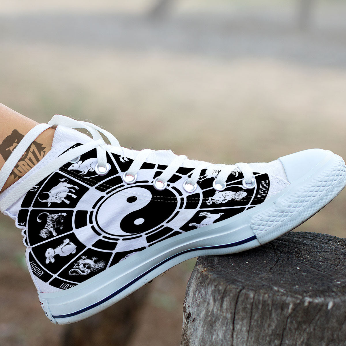 Chinese Zodiac White And Black Print White High Top Shoes-grizzshop