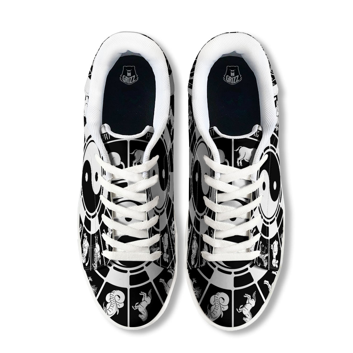 Chinese Zodiac White And Black Print White Low Top Sneakers-grizzshop