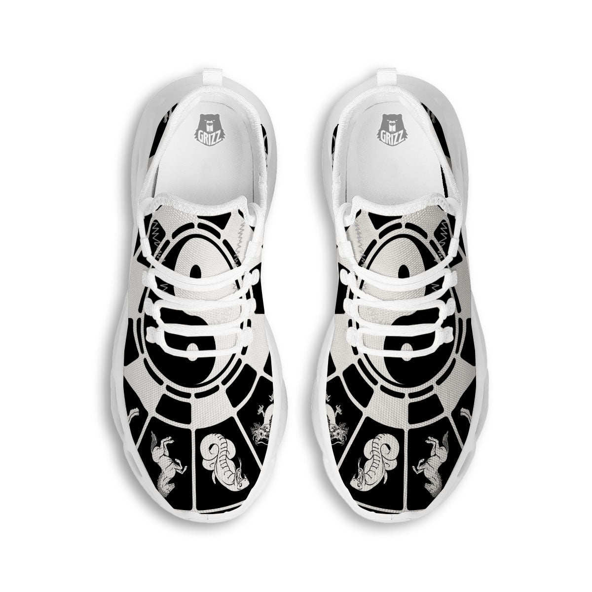 Chinese Zodiac White And Black Print White Running Shoes-grizzshop