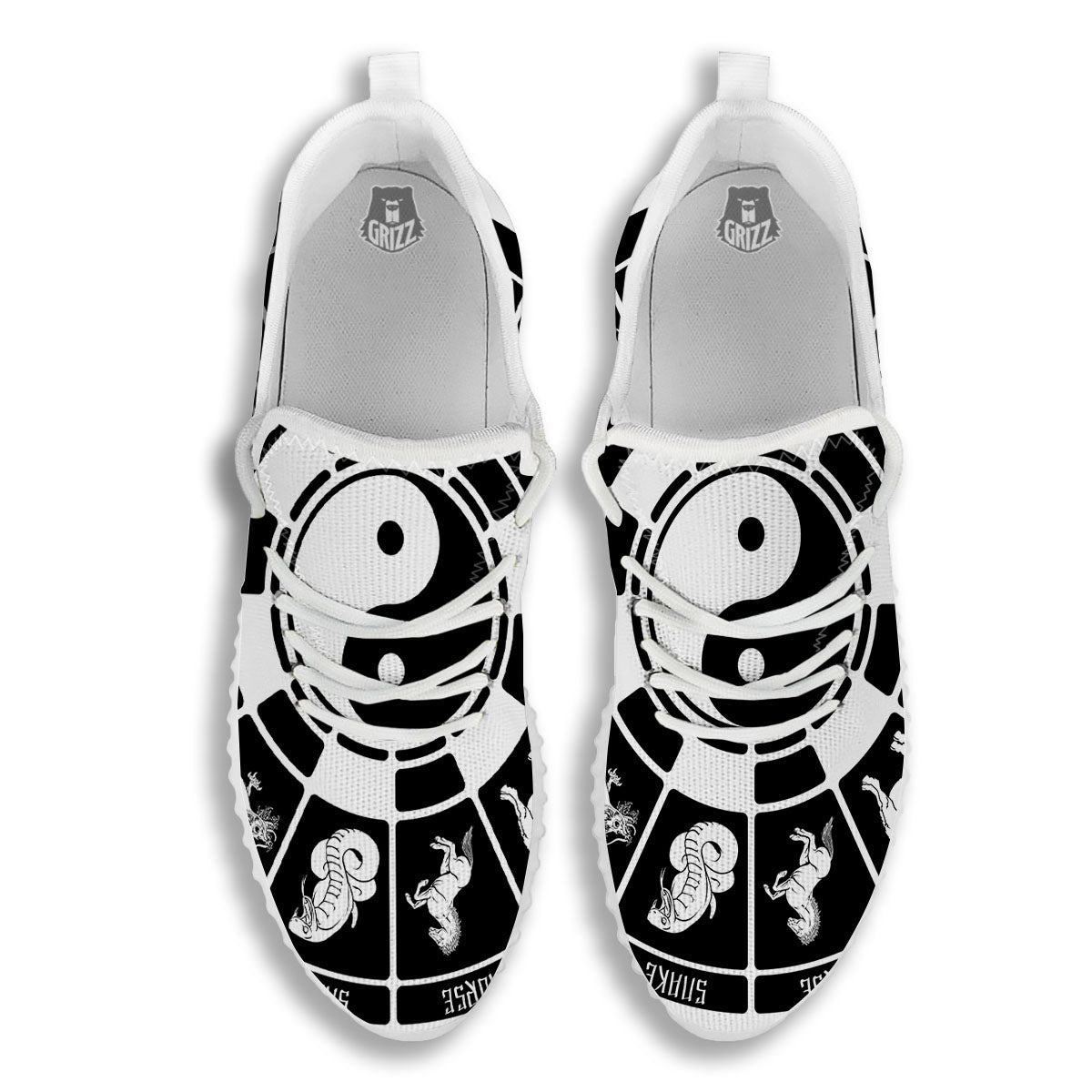 Chinese Zodiac White And Black Print White Walking Shoes-grizzshop