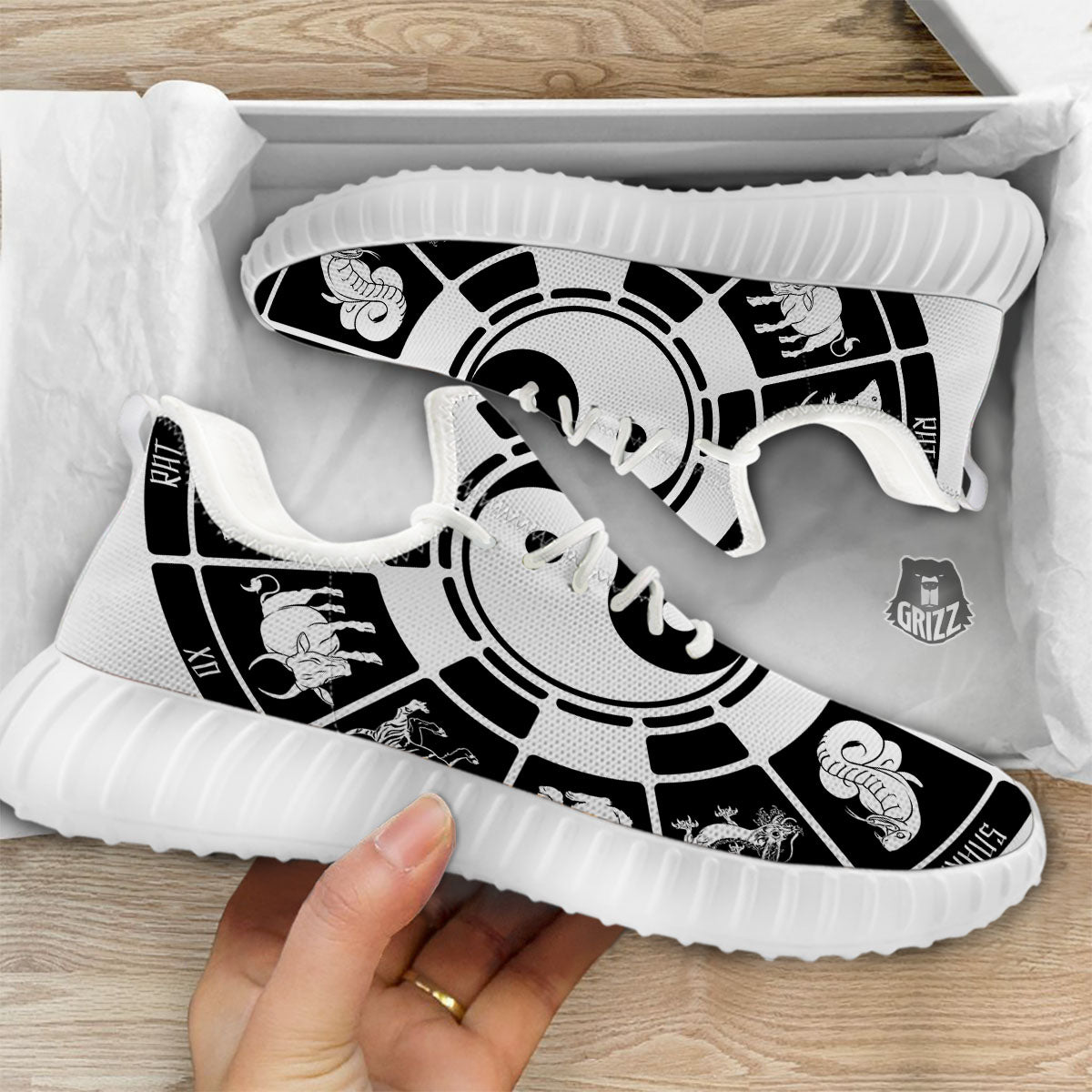 Chinese Zodiac White And Black Print White Walking Shoes-grizzshop