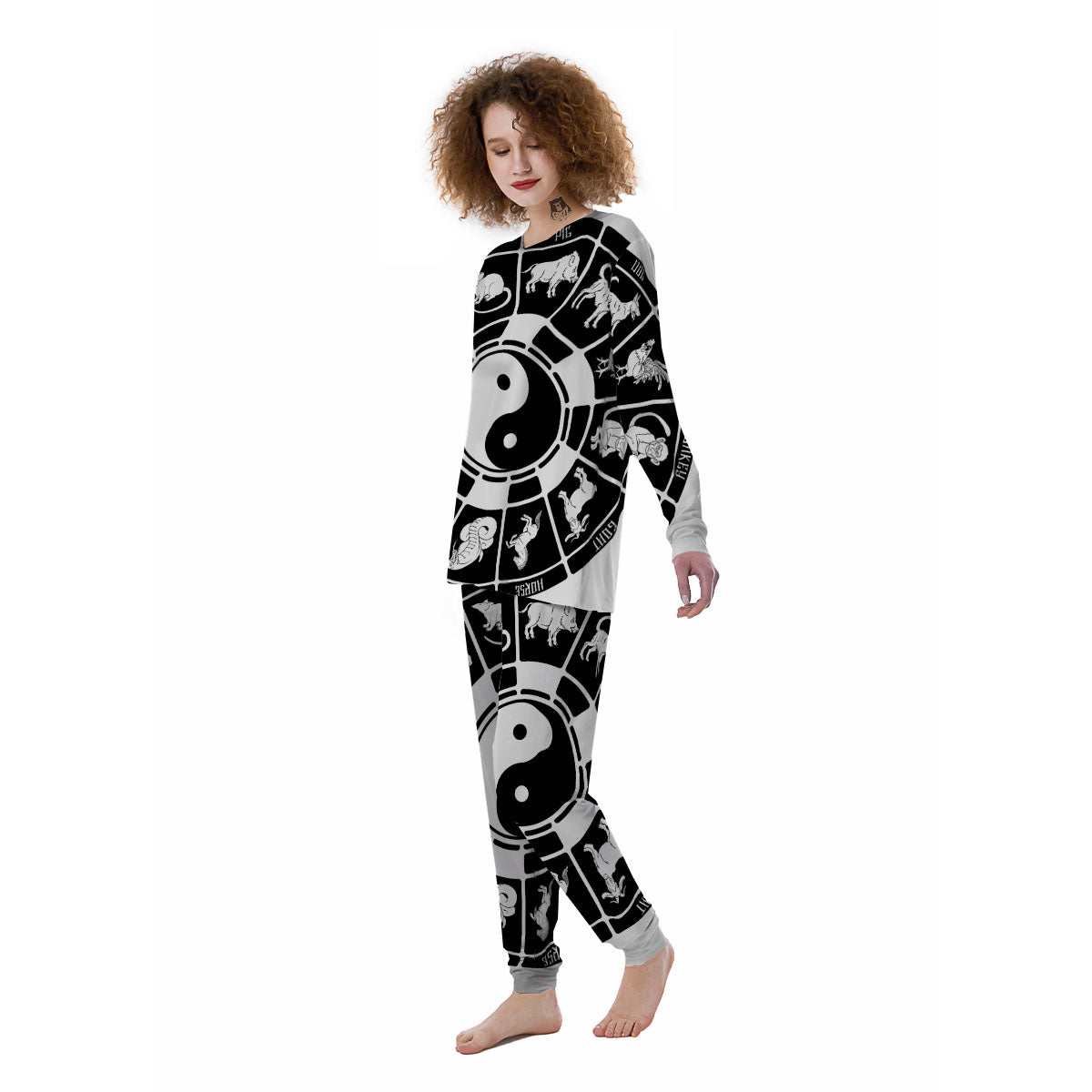 Chinese Zodiac White And Black Print Women's Pajamas-grizzshop