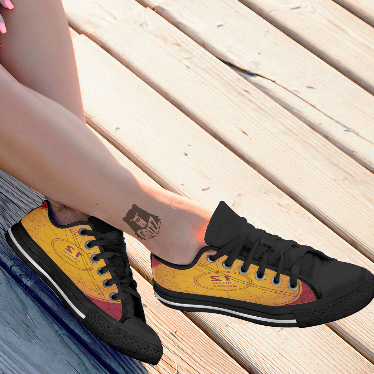 Chinese Zodiac Yellow And Red Print Black Low Top Shoes-grizzshop