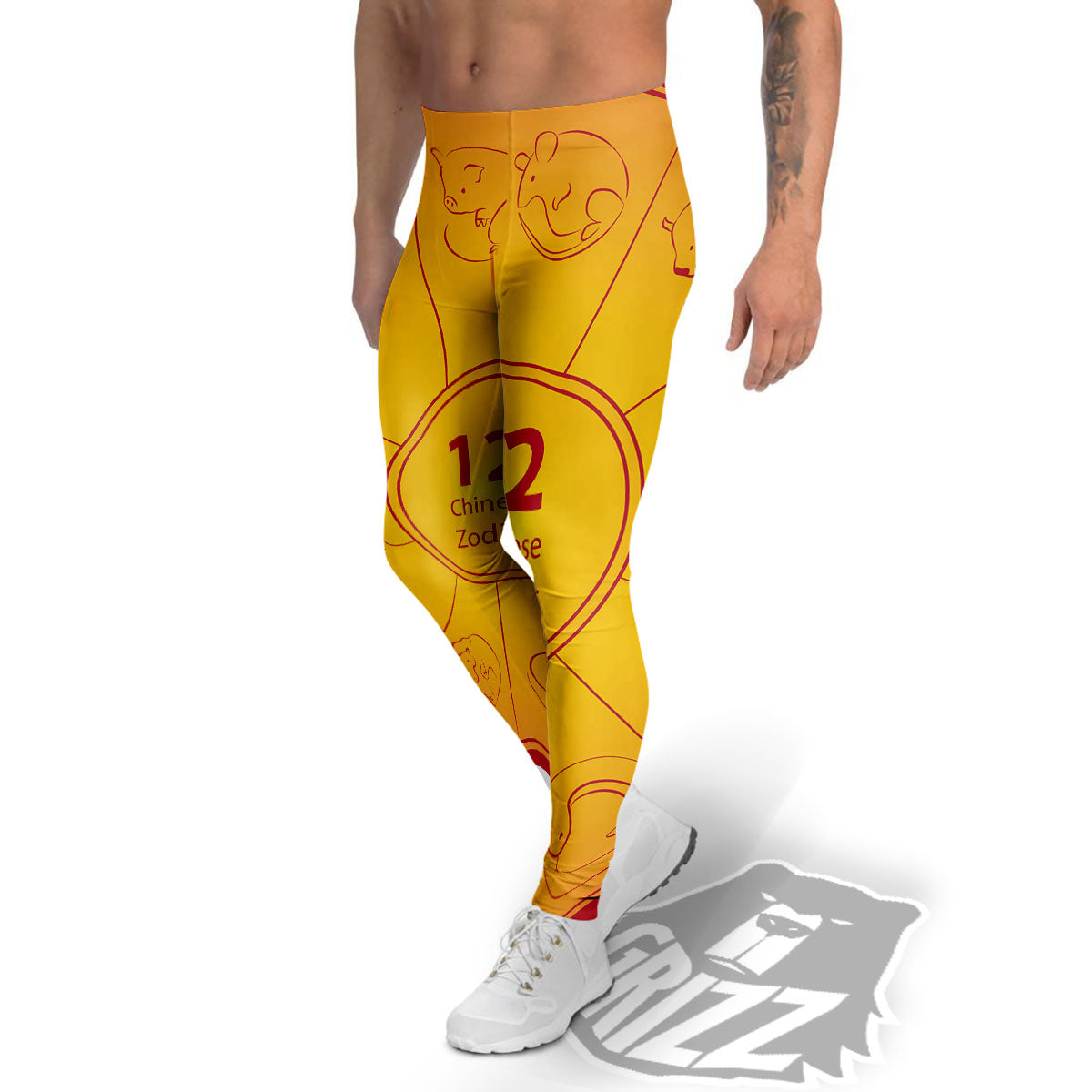 Chinese Zodiac Yellow And Red Print Men's Leggings-grizzshop