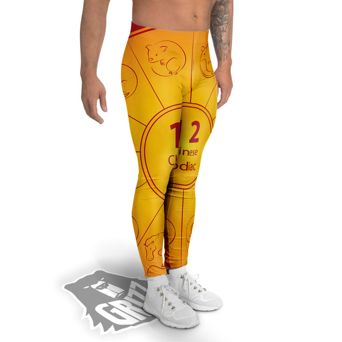 Chinese Zodiac Yellow And Red Print Men's Leggings-grizzshop
