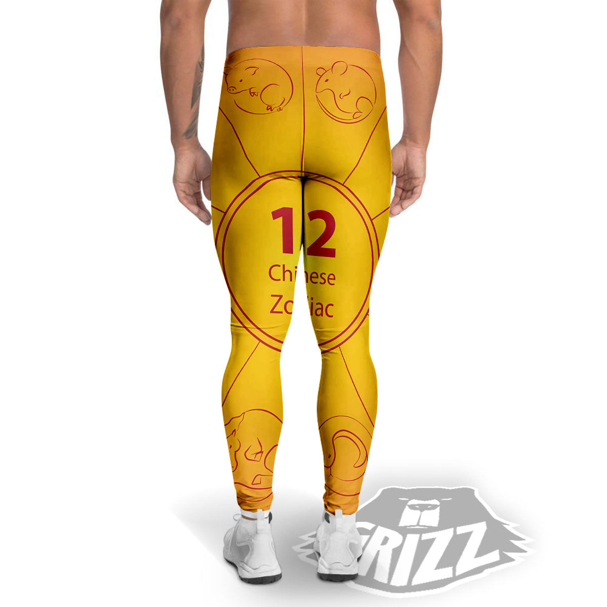 Chinese Zodiac Yellow And Red Print Men's Leggings-grizzshop