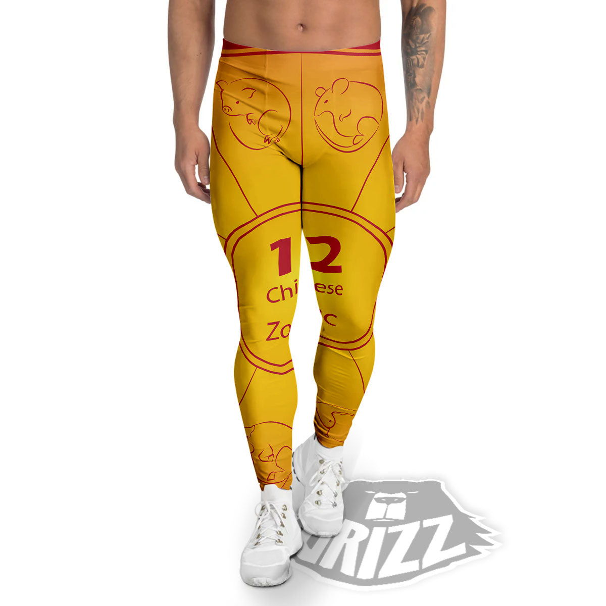 Chinese Zodiac Yellow And Red Print Men's Leggings-grizzshop